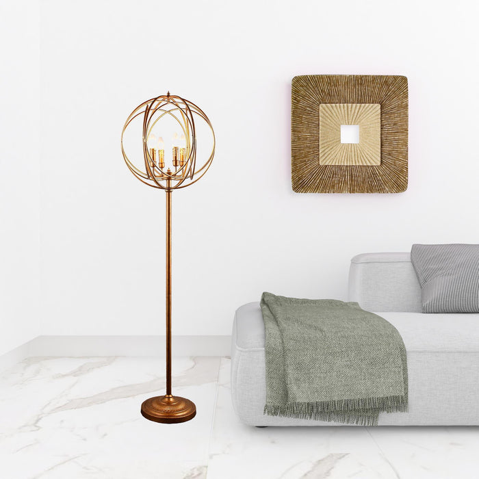 Four Light Floor Lamp With Modern Gold Geometric Globe Shade - Gold