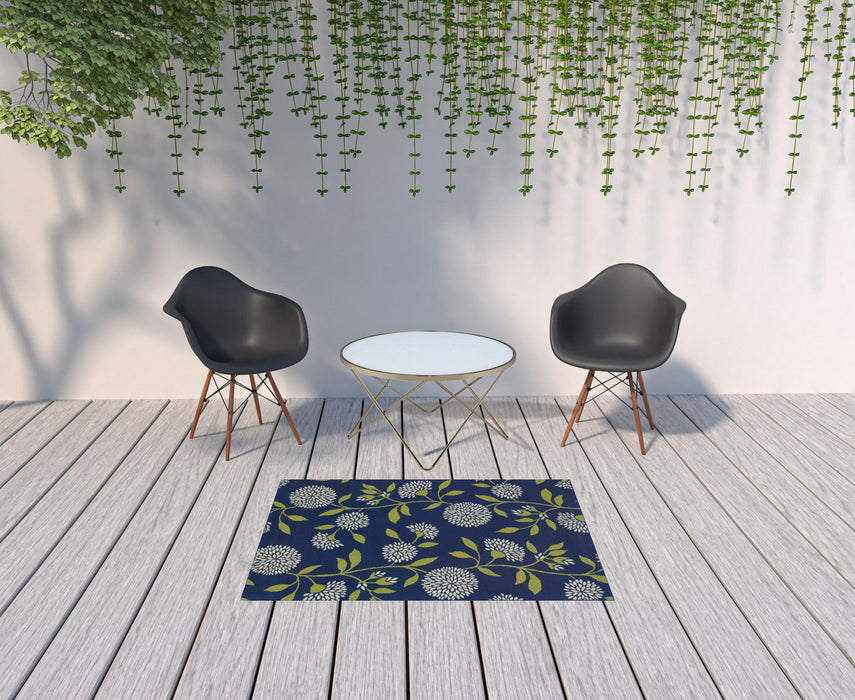 4' X 5' Floral Indoor Outdoor Area Rug - Blue