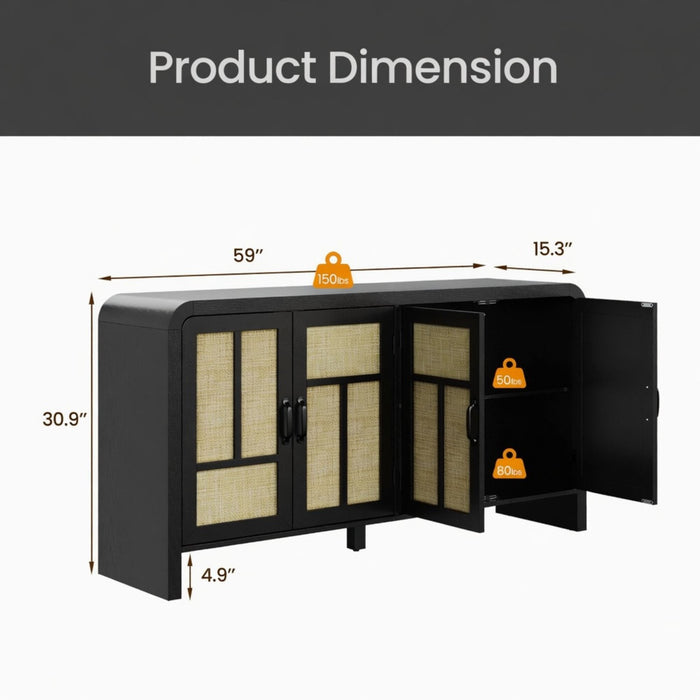 Sideboard Buffet Cabinet With 4 Doors & Adjustable Shelves - Black Home Essentials