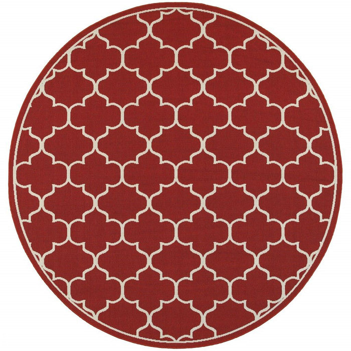 8' X 8' Round Indoor / Outdoor Area Rug - Red / Ivory