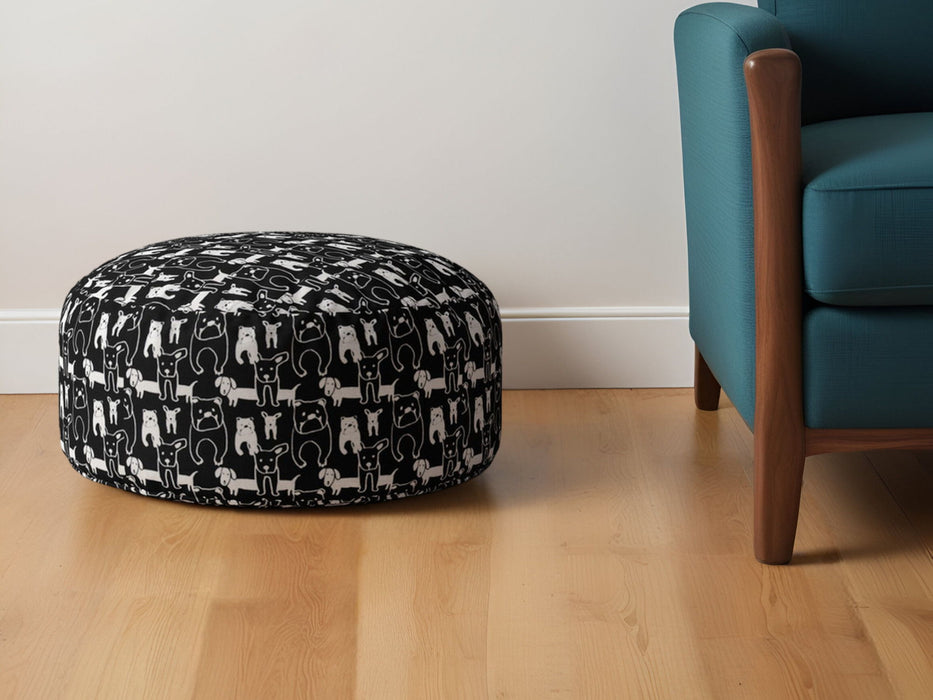 Cotton Round Animal Print Pouf Ottoman - Black