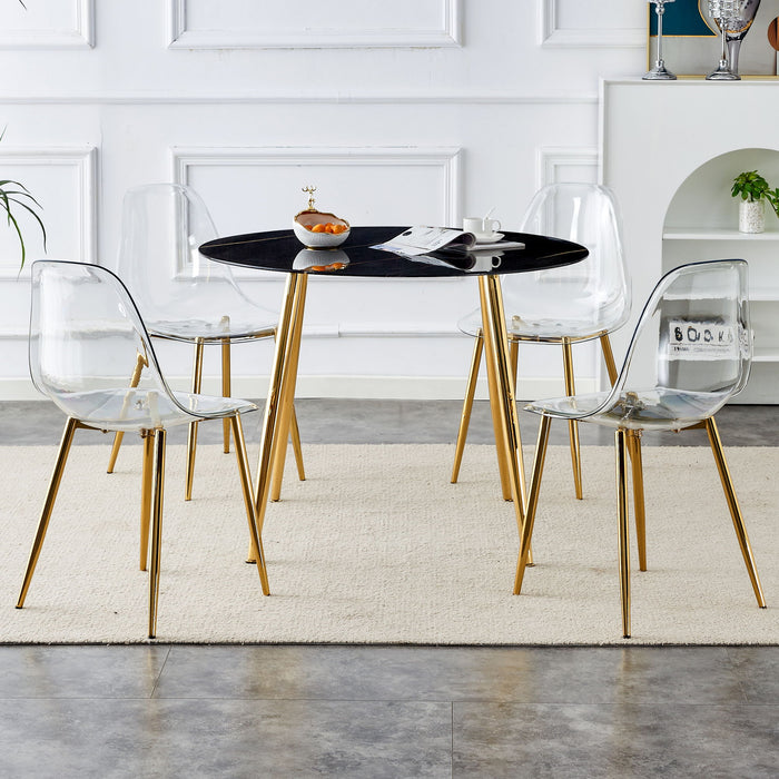 1 Table And 4 Chairs, A Modern Minimalist Circular Dining Table With A 40" Black Imitation Marble Tabletop And Gold - Plated Metal Legs, And 4 Modern Gold - Plated Metal Leg Chairs - Black / Gold / Black