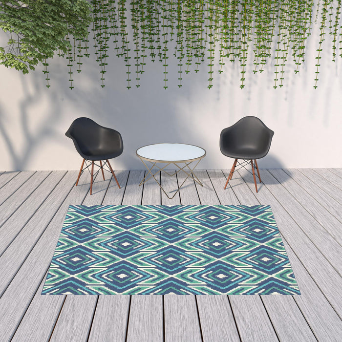 7' X 10' Geometric Stain Resistant Area Rug Outdoor / Indoor - Ivory / Blue