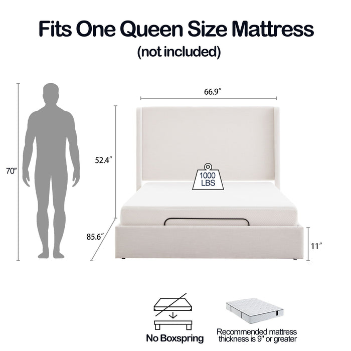 Caron - Queen Size Upholstered Wingback Bed With Adjustable Base Bundle Set - Ivory House & Home Furniture