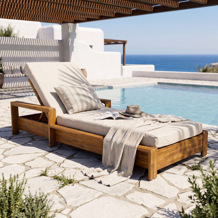 Chaise Lounge Set With 3 Position Adjustable Backrest, 2 Fold Cushion, Outdoor Recliner For Patio - Cream / Teak Noble House