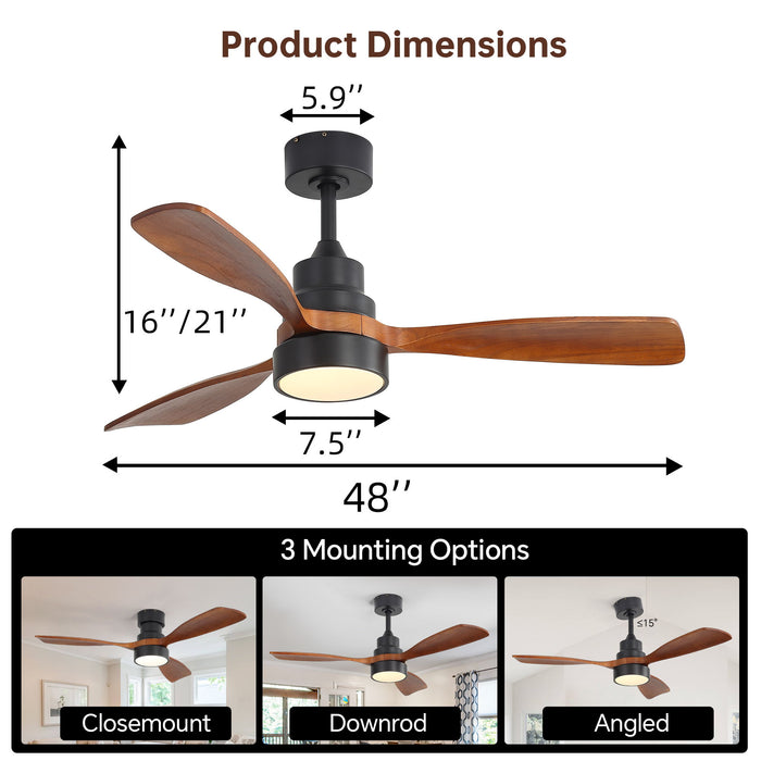 48" Ceiling Fan With Light, Dual Mount (Flush / Downrod), Dimmable LED, Quiet DC Motor, 3 Blades Daily Nest