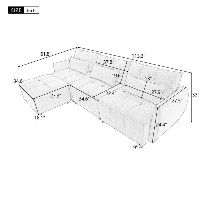 Convertible Sectional Sofa Couch 3 Seat L-Shaped Sofa With Movable Ottoman And USB For Apartment, Living Room, Bedroom