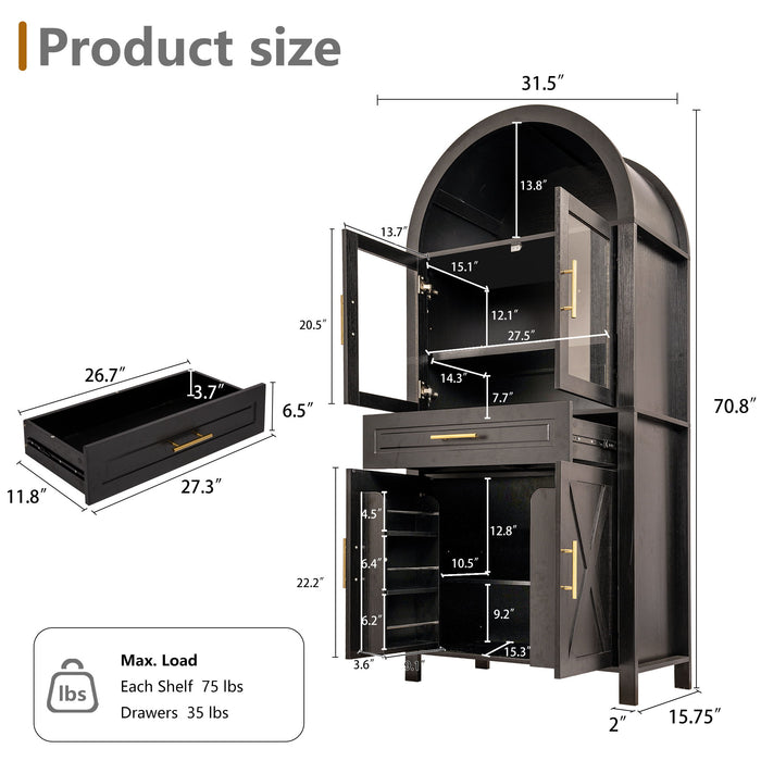 Arched Kitchen Pantry Cabinet With Adjustable Shelves & Barn Door Design Home Essentials