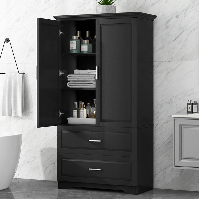 Tall Bathroom Storage Cabinet, Cabinet With 2 Doors And Drawers, Adjustable Shelf