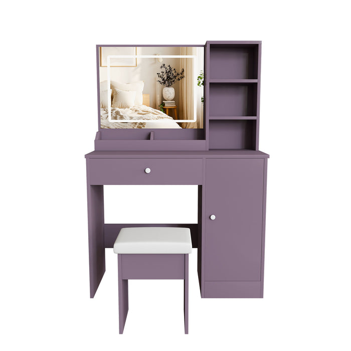 Vanity Desk Set With Padded Stool & Adjustable LED Mirror, 3 Color Mode Lighting, Compact For Bedroom - Purple Home Essentials