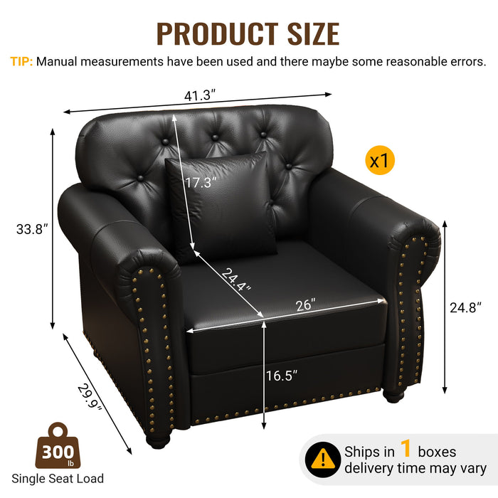 Sofa With Nailhead Trim And Rolled Armrests, Includes 1 Pillow - Black Home Essentials