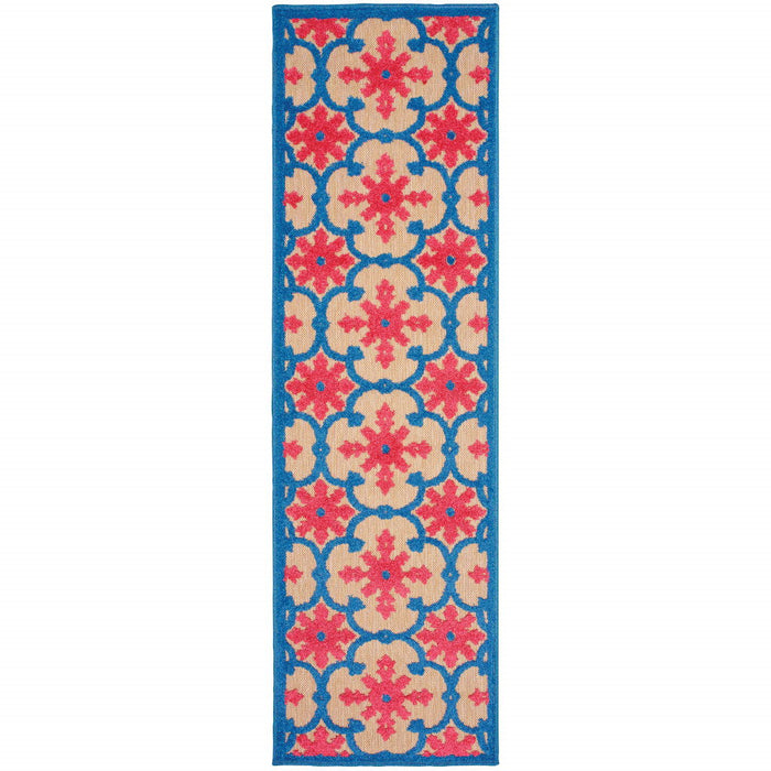 2' X 8' Oriental Stain Resistant Indoor / Outdoor Area Rug - Blue / Beige