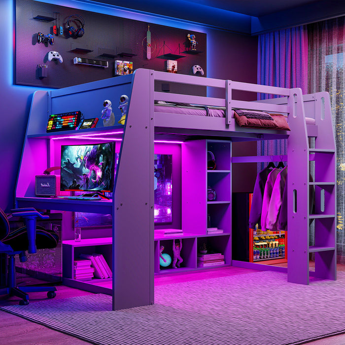 Gaming Loft Bed With Desk, Multi Storage Shelves, LED Lighting, And Hanging Clothes Rack Hearth and Haven