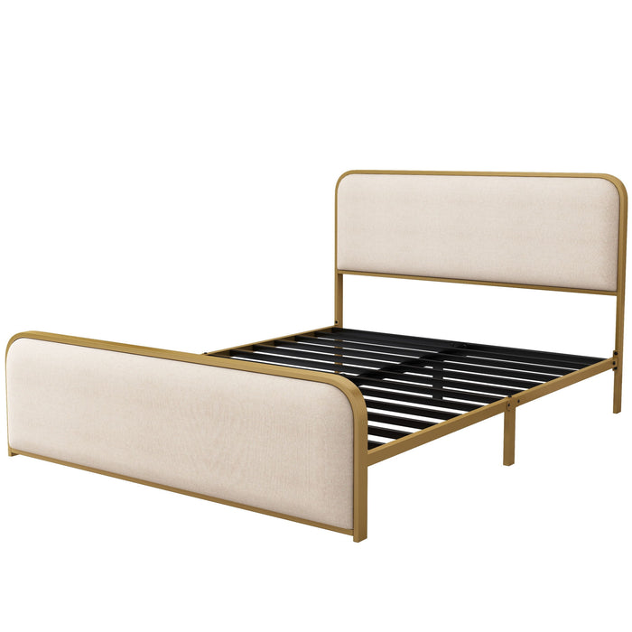 Queen Size Bed Frame With Curved Upholstered Headboard And Footboard - Beige / Gold Hearth and Haven