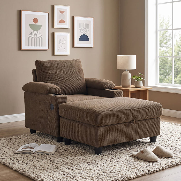 Accent Chair With Storage Ottoman, Reclining Single Chaise Lounge With Cupholders And USB, C Ports Home Essentials
