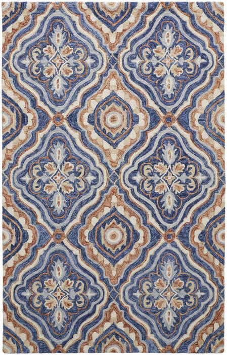 Floral Tufted Handmade Stain Resistant Area Rug - Blue Orange And Ivory Wool - 8' X 10'