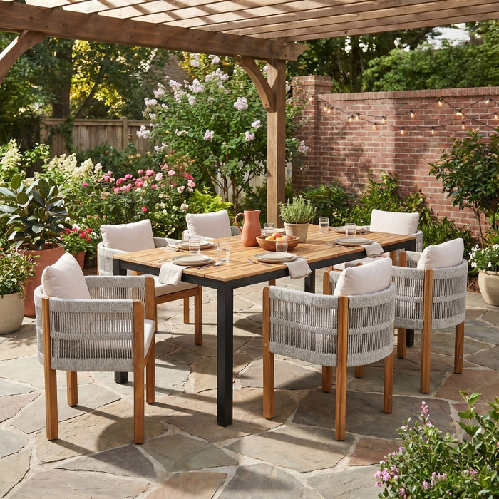 7 Piece Outdoor Dining Set With Table And 6 Chairs - Beige / Teak / White Noble House