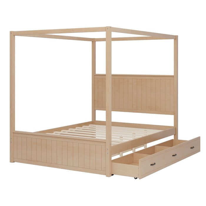 Queen Size Canopy Platform Bed With Trundle And 3 Storage Drawers, 4 Post, No Box Spring Needed - Natural Hearth and Haven