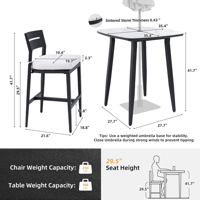 Modern Outdoor Patio Bar Set, Rounded Square Table & Bar Chairs, Non Rust Frame, Tapered Legs, Sunbrella Cushion