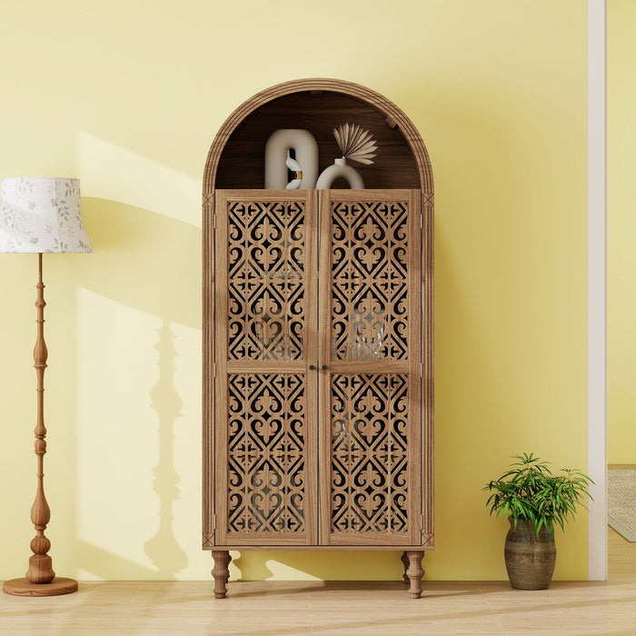 Tall Kitchen Pantry Cabinet With Hollow Carved Doors Adjustable Shelves Versatile Storage Cabinet For Kitchen - Walnut Home Essentials