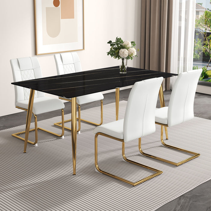 1 Table And 4 Chairs Set, Rectangular Dining Table With Black Imitation Marble Tabletop And Golden Metal Legs, Paired With 4 Chairs With Golden Metal Legs - White / Black