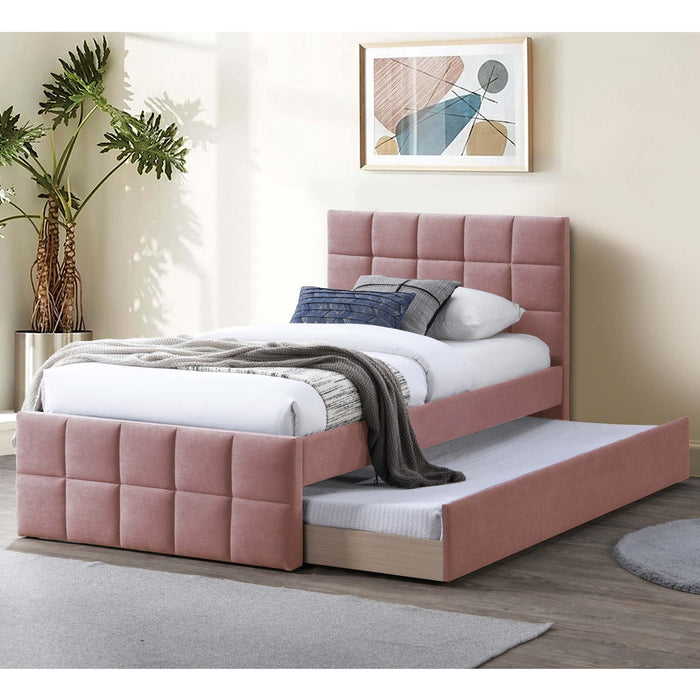 Contemporary Style Bed With Trundle Upholstered Headboard And Footboard Grid Pattern Home Essentials