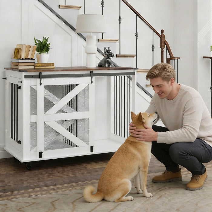 Mobile Dog Crate With Flip Top Feeding Door, Dual Access & 5 Caster System (2 Locking) - Brown White