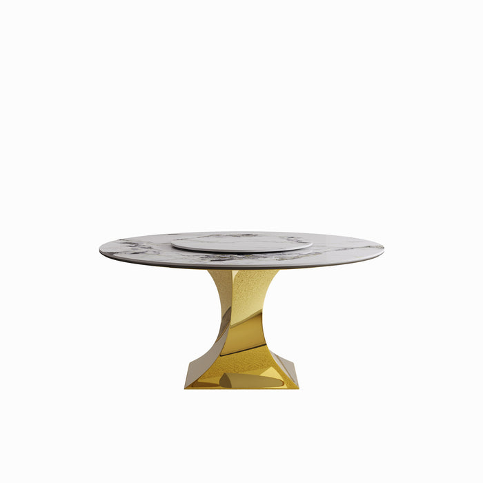 Luxury Round 59" Sintered Stone Dining Table With Stainless Steel Hourglass Base, Scratch & Heat Resistant Surface - Golden / White