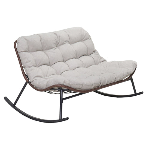 Double Wide Rocking Papasan Chair, 2 Person Outdoor Lounge Seating - Acacia Wood / Beige Home Essentials