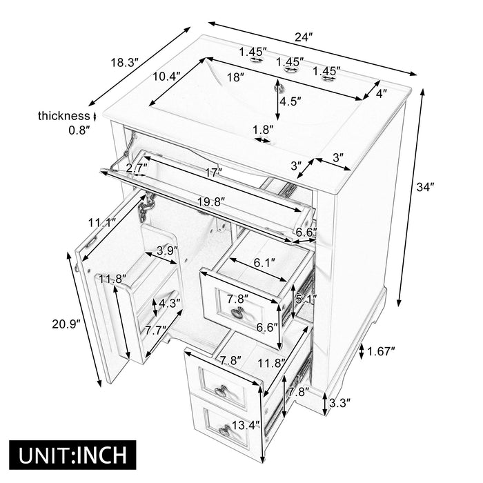 Modern Bathroom Vanity With Sink, 3 Drawers & Cabinet With 2 Tier Door Storage Hearth and Haven