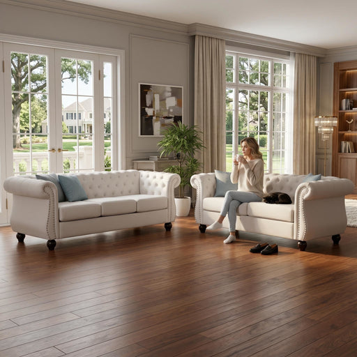 Chesterfield Button Tufted Loveseat With Rolled Arms - Ivory US Pride