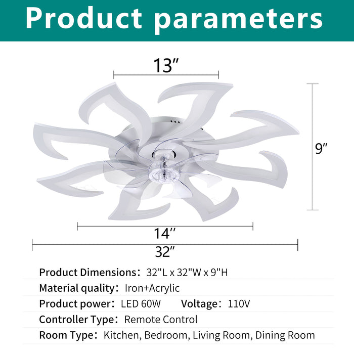 Flower Ceiling Fan With Remote Controlled LED Light, Flush Mount DC Motor Fan Daily Nest
