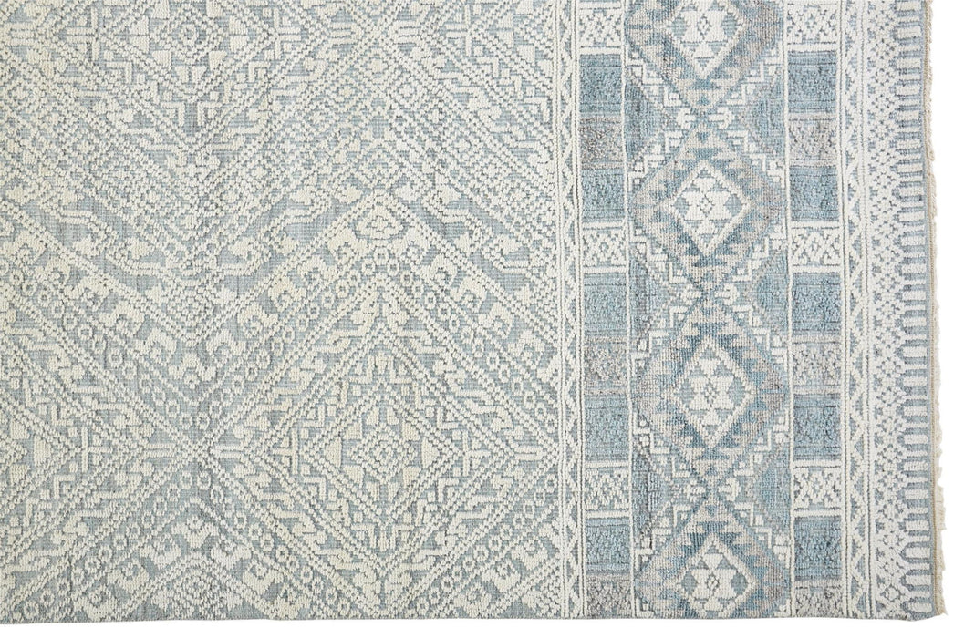 Geometric Hand Knotted Area Rug - Ivory Blue And Gray - 5' X 8'