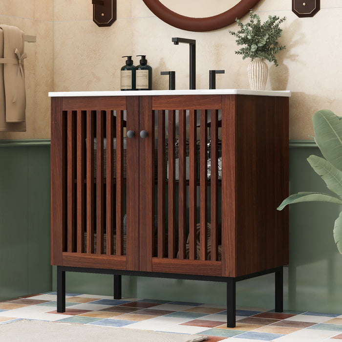 30" Vintage Bathroom Vanity With Ceramic Sink, Modern Bathroom Vanity Cabinet With 2 Soft Close Doors, Equpiied With 4 Sturdy Iron Legs - Antique Dark Brown