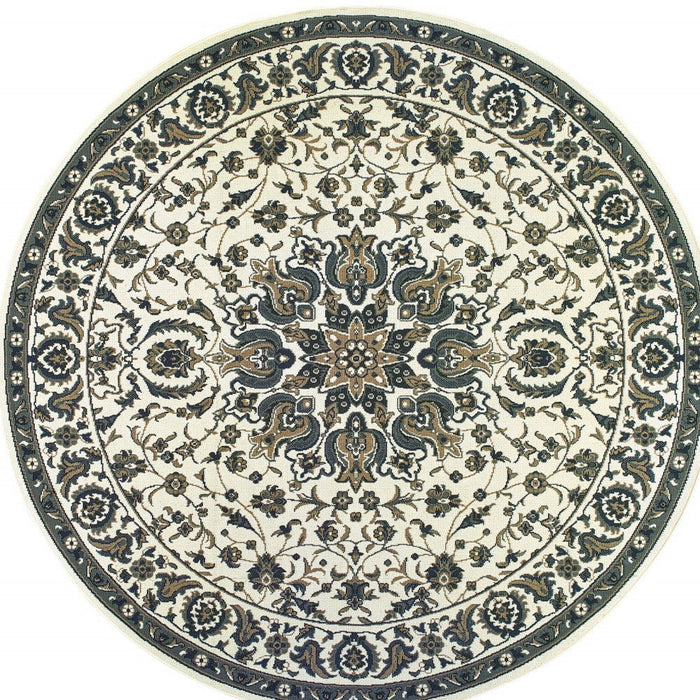 8' X 8' Round Oriental Stain Resistant Indoor / Outdoor Area Rug - Ivory / Blue