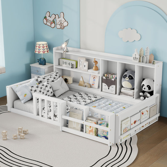 Platform Bed Frame With Guardrail, Storage Shelves & Bookshelf Home Essentials