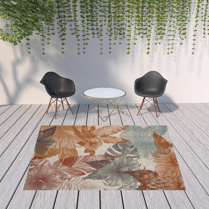 8' X 10' Floral Stain Resistant Indoor / Outdoor Area Rug - Cream