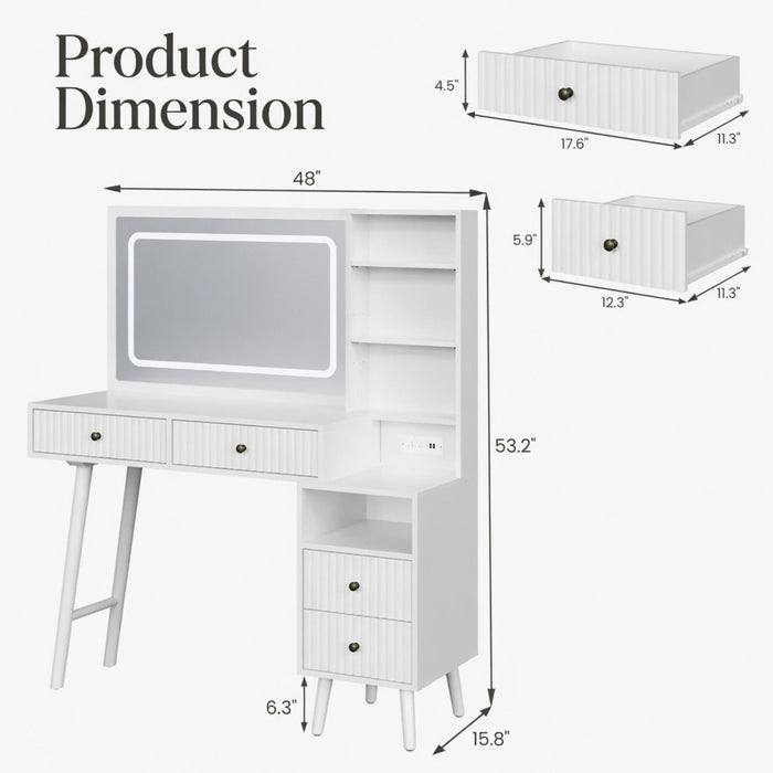 Fluted Vanity Desk With Lighted Mirror & Outlet 4 Drawer, Makeup Table - White Home Essentials