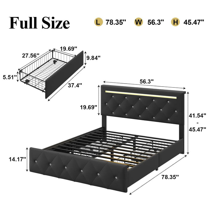 Upholstered Bed Frame With LED Lights, 4 Storage Drawers, Charging Station Home Essentials