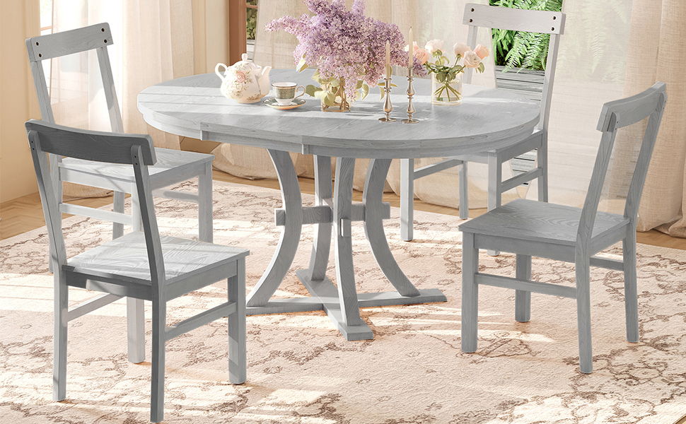 Topmax 5 Piece Rustic Round Pedestal Extendable Dining Table Set With 15.7" Removable Leaf And Simple Dining Chirs For Small Places, Gray