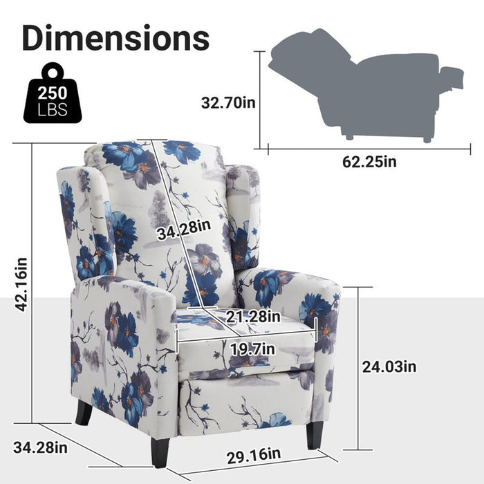 Wingback Recliner Chair With Padded Arms - Blue Home Essentials