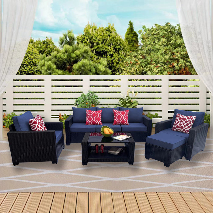 Outdoor Garden Patio Furniture 7 Piece PE Rattan Wicker Cushioned Sofa Sets And Coffee Table, Patio Furniture Set;Outdoor Couch;Outdoor Couch Patio Furniture;Outdoor Sofa;Patio Couch - Dark Coffee / Blue