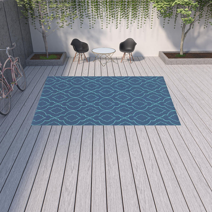 9' X 13' Geometric Stain Resistant Indoor / Outdoor Area Rug - Blue