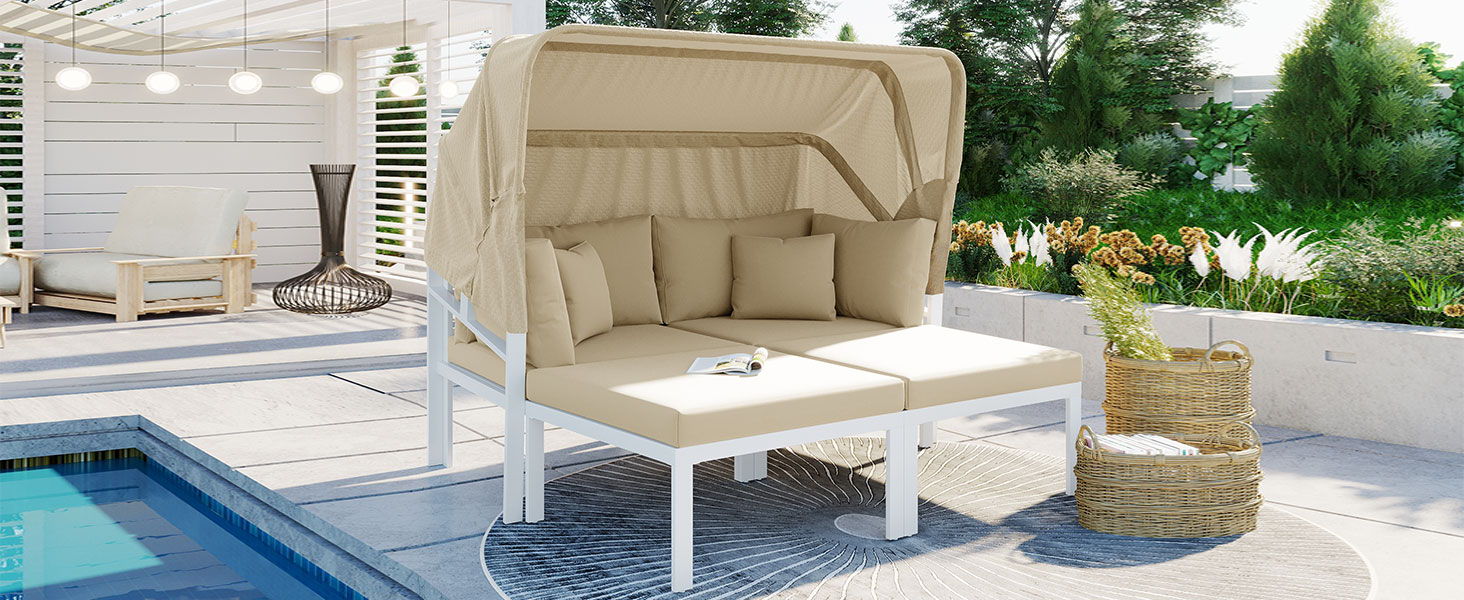 Topmax 3 Piece Patio Daybed With Retractable Canopy Outdoor Metal Sectional Sofa Set Sun Lounger With Cushions For Backyard, Porch, Poolside, Beige