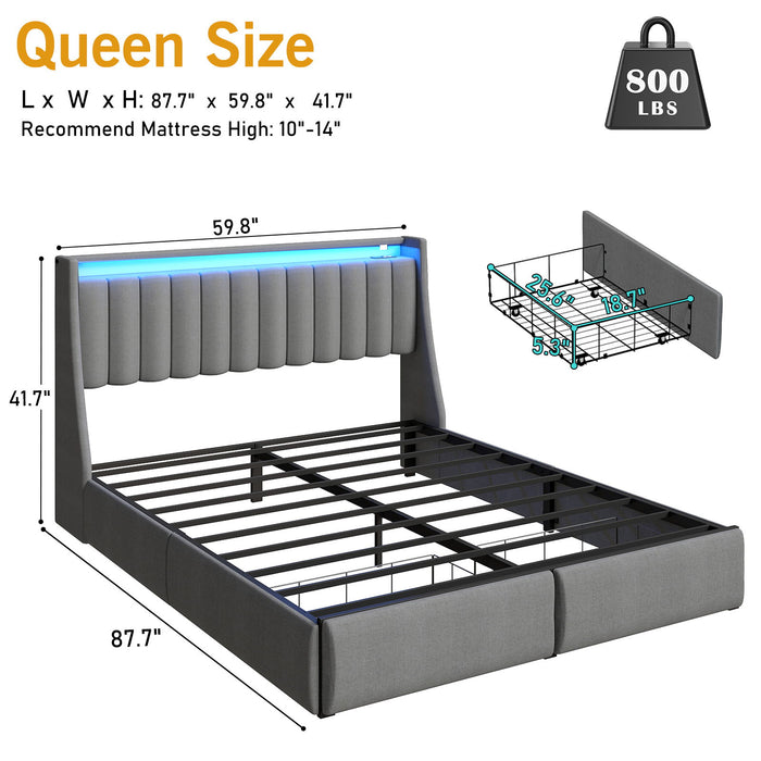 Upholstered Platform Bed Frame With RGB LED Lights, Charging Station & 2 Underbed Drawers Home Essentials