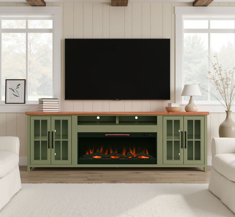 97" Fireplace TV Stand Console For TVs Up To 100" - Sage Green And Fruitwood Finish Home Essentials
