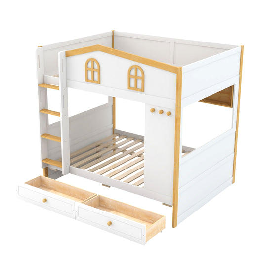 Bunk Bed With House Shaped Guardrails, Storage Shelves, And Trundle Dreamland