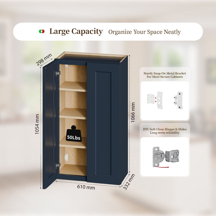 Shaker Wall Cabinet With Soft Close Hinges, Adjustable Shelves, Double Door Home Essentials