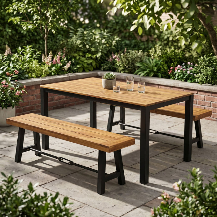 3 Piece Outdoor Dining Set, Rectangular Patio Table & 2 Benches - Black / Teak Noble House