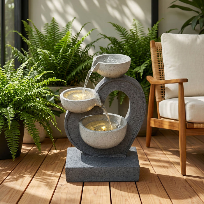 3 Tier Outdoor Water Fountain With Warm LED Lights, Stone Textured Cascading Design For Patio - Gray Daily Nest